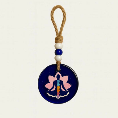 Set of 2 Hanging Wall & Car Decorative Ornaments – Lord Ganesha Design & Chakra Meditation Lotus Symbol – Evil Eye Protection with Beads – Home Temple Wall Décor, Car Rearview Mirror Hanging, Positive Energy Gift