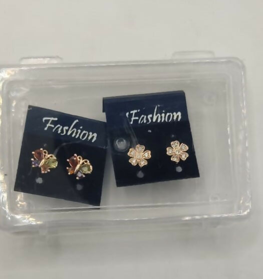 Gold-Plated AD Flower & Colorful Butterfly Stud Earrings Set for women & girls Combo Pack of 2