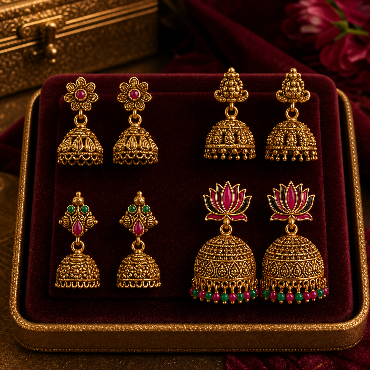 Traditional Matte Gold Jhumka Earrings Festive Combo Pack – Curated Set of 4 Pairs