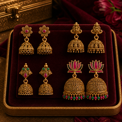Traditional Matte Gold Jhumka Earrings Festive Combo Pack – Curated Set of 4 Pairs
