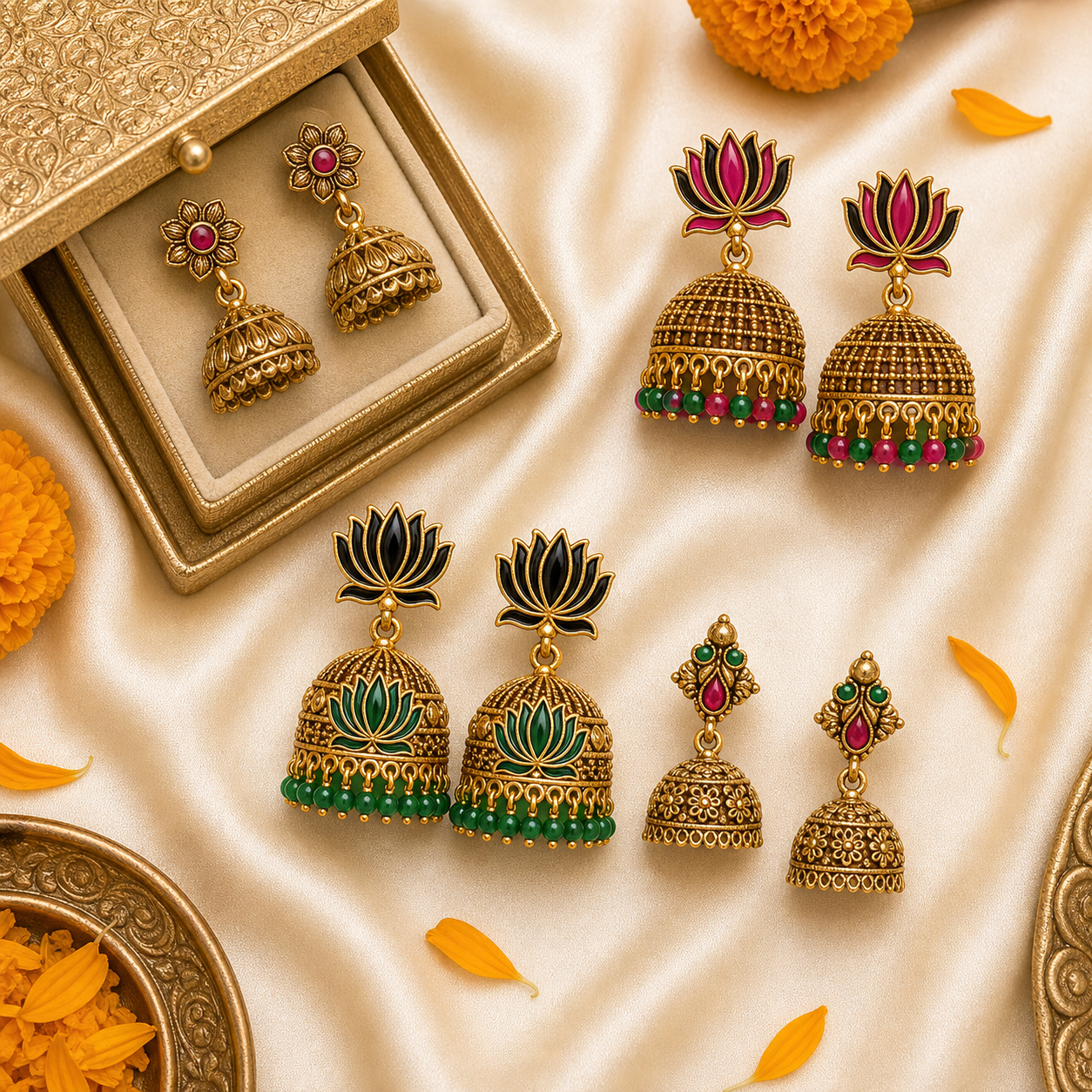 Traditional Matte Gold Jhumka Earrings Festive Combo Pack – Curated Set of 4 Pairs