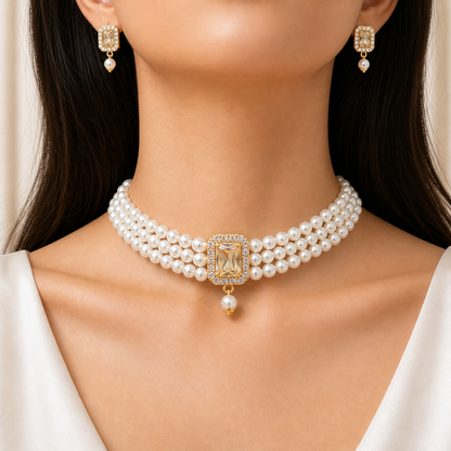 Luxury Pearl Choker Necklace Set with Champagne Crystal Pendant & Stud Earrings