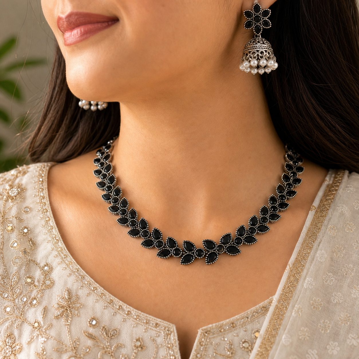Rangeela Gold Black Stone Necklace Set with Earrings Elegant Traditional Jewellery Set
