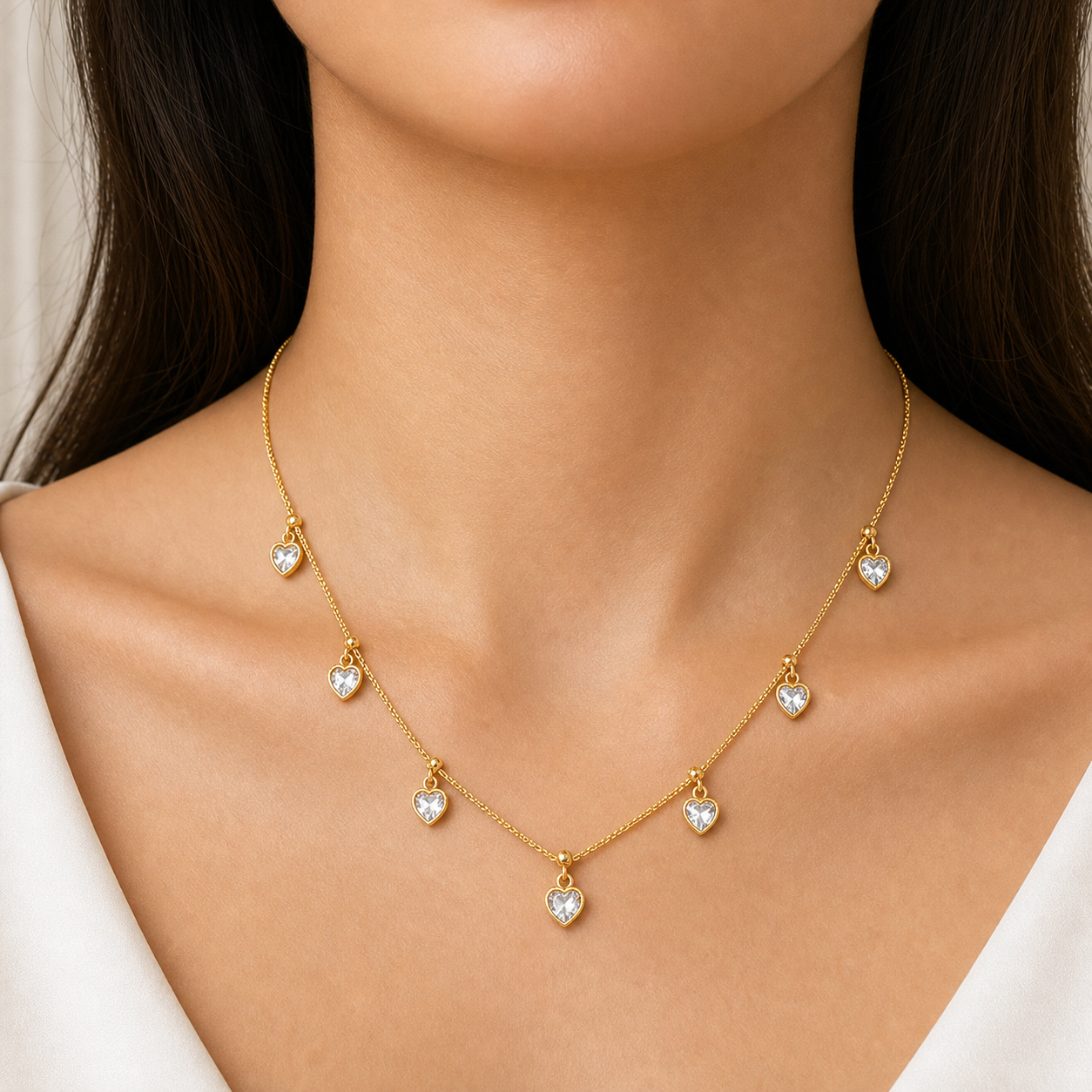 Gold Necklace with Heart-Shaped Clear Gemstone Pendants for Elegant Style