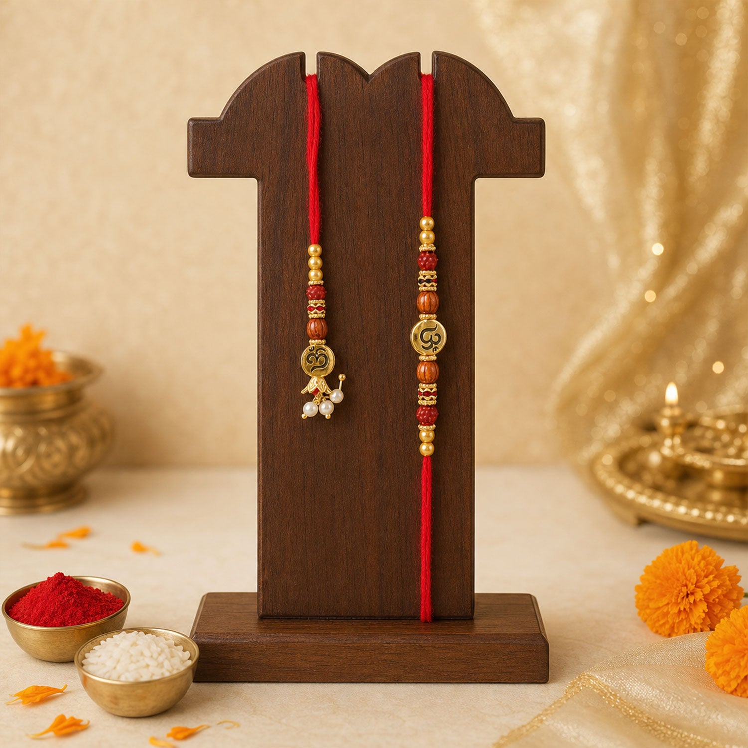 Om Motif Bhai Bhabhi Rakhi with Rudraksha Beads, Wooden Beads and Pearl Drop Charms