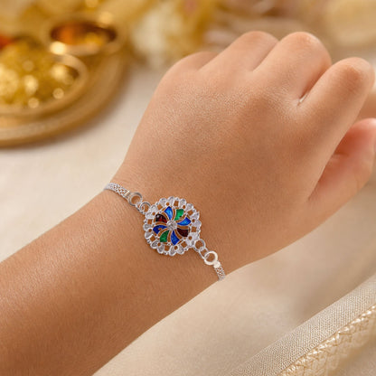 Round Meenakari Mandala Floral Enamel Crystal Silver Chain Rakhi (10pcs)