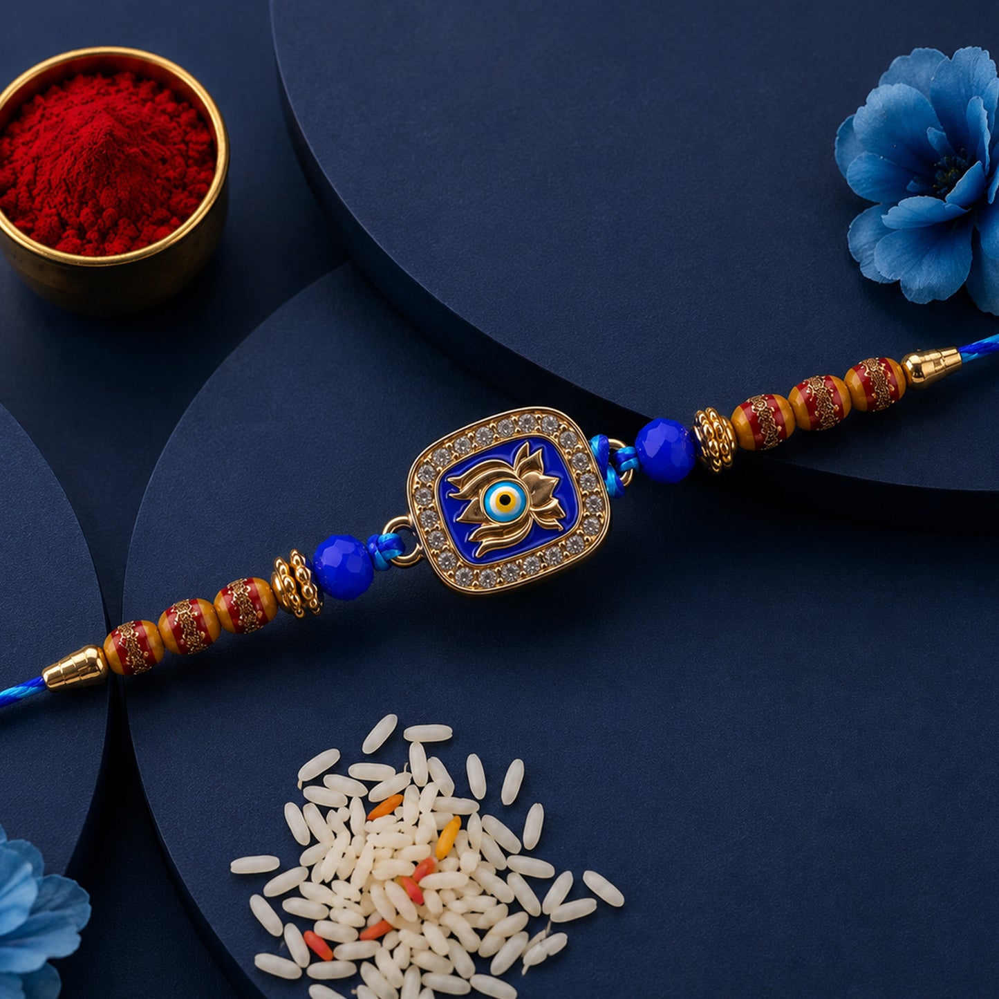 Lotus Nazar Evil Eye Cushion Studded Enamel Beads Designer Rakhi