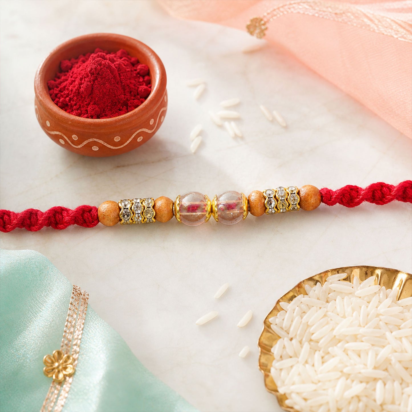 Red Braided Rakhi with Crystal and Natural Wooden Bead Accents