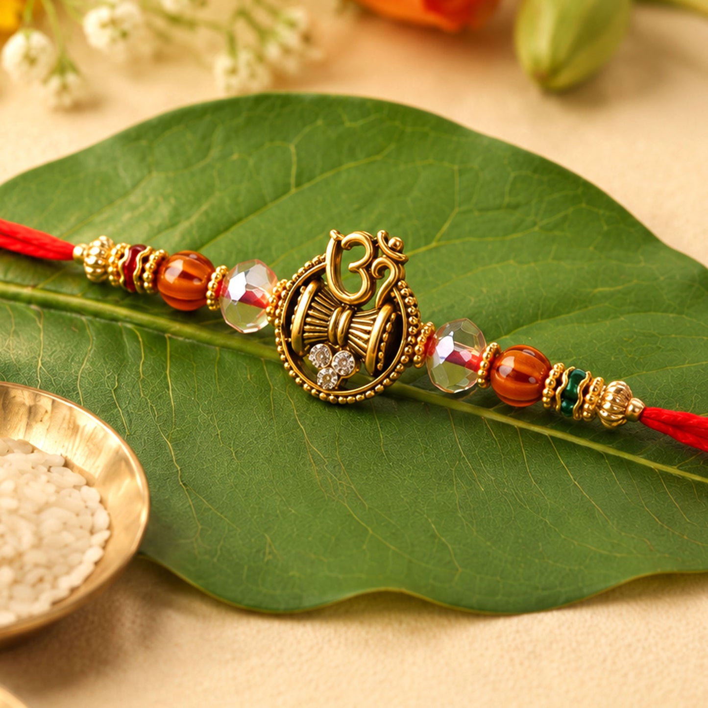 Om Damru Trishul Devotional Rakhi with Sparkling Stones and Brown Beads