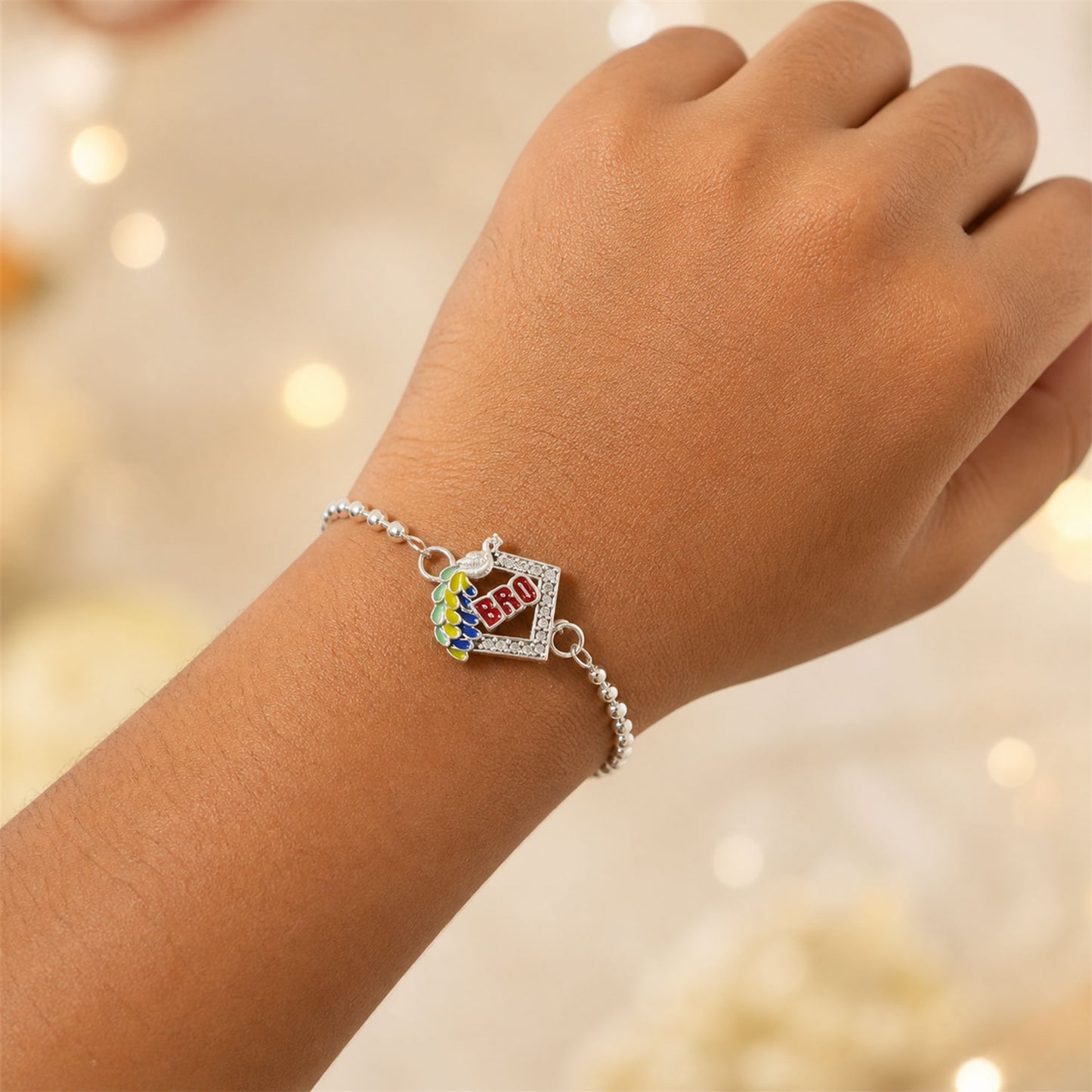 Bro Studded Square Peacock Enamel Silver Chain Designer Rakhi