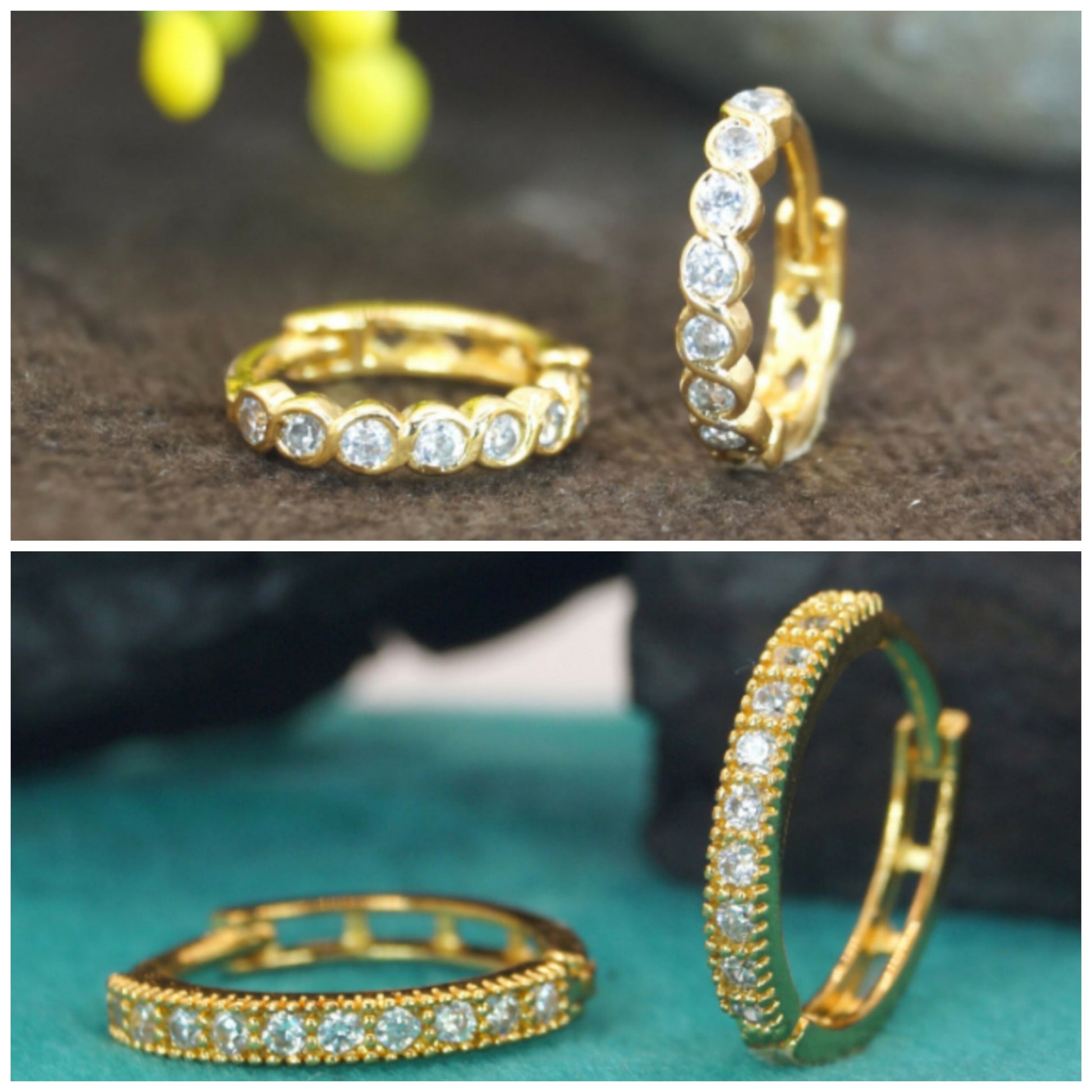Gold plated huggie hoop earrings with peacock motif and sparkling cubic zirconia stones