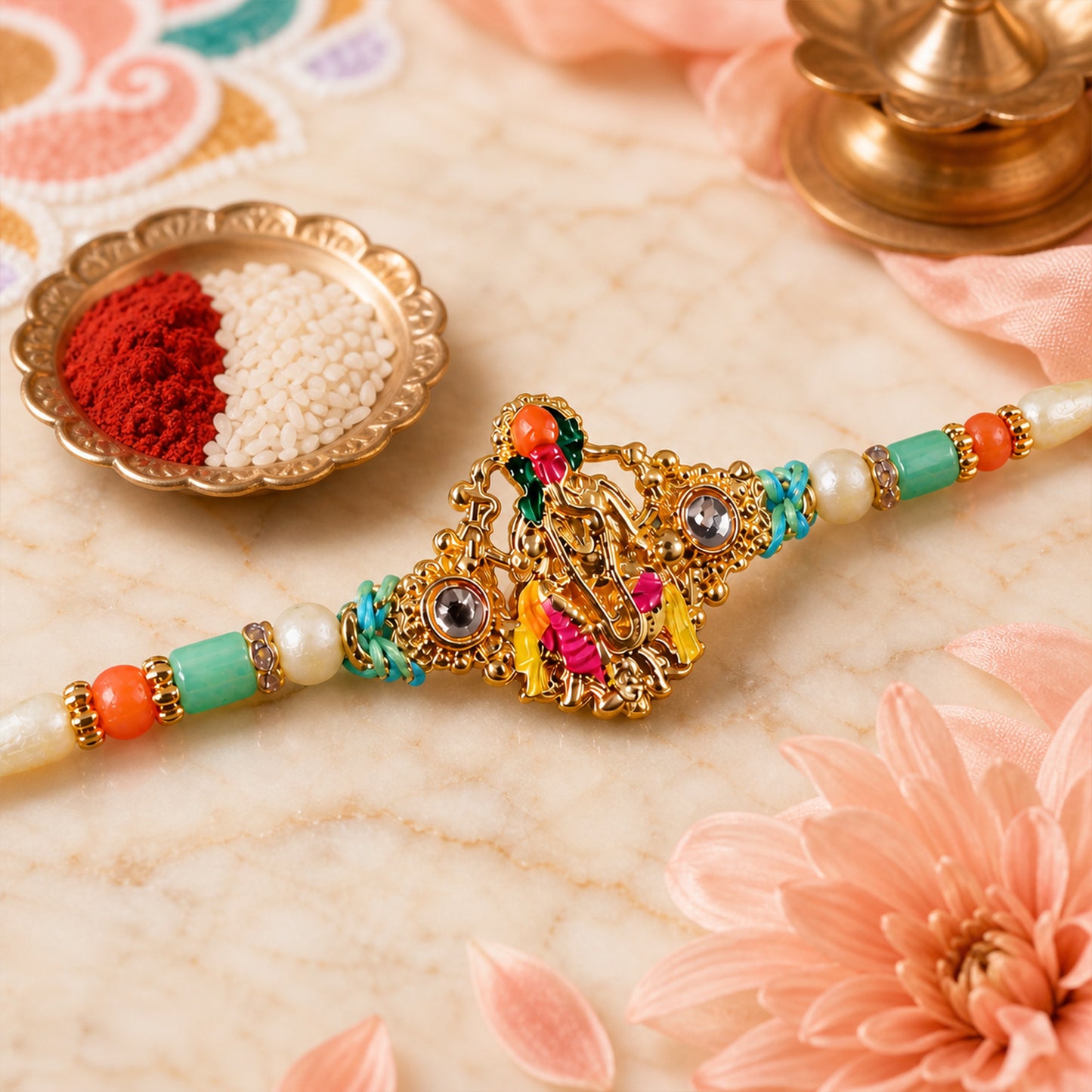 Lord Krishna Flute Pendant Rakhi with Pink and Yellow Drapery