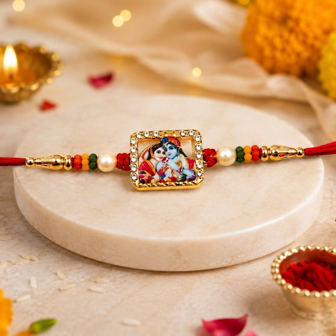 A gold-toned square Radha Krishna enamel charm with a crystal border and pearl accents is centered on a red thread with