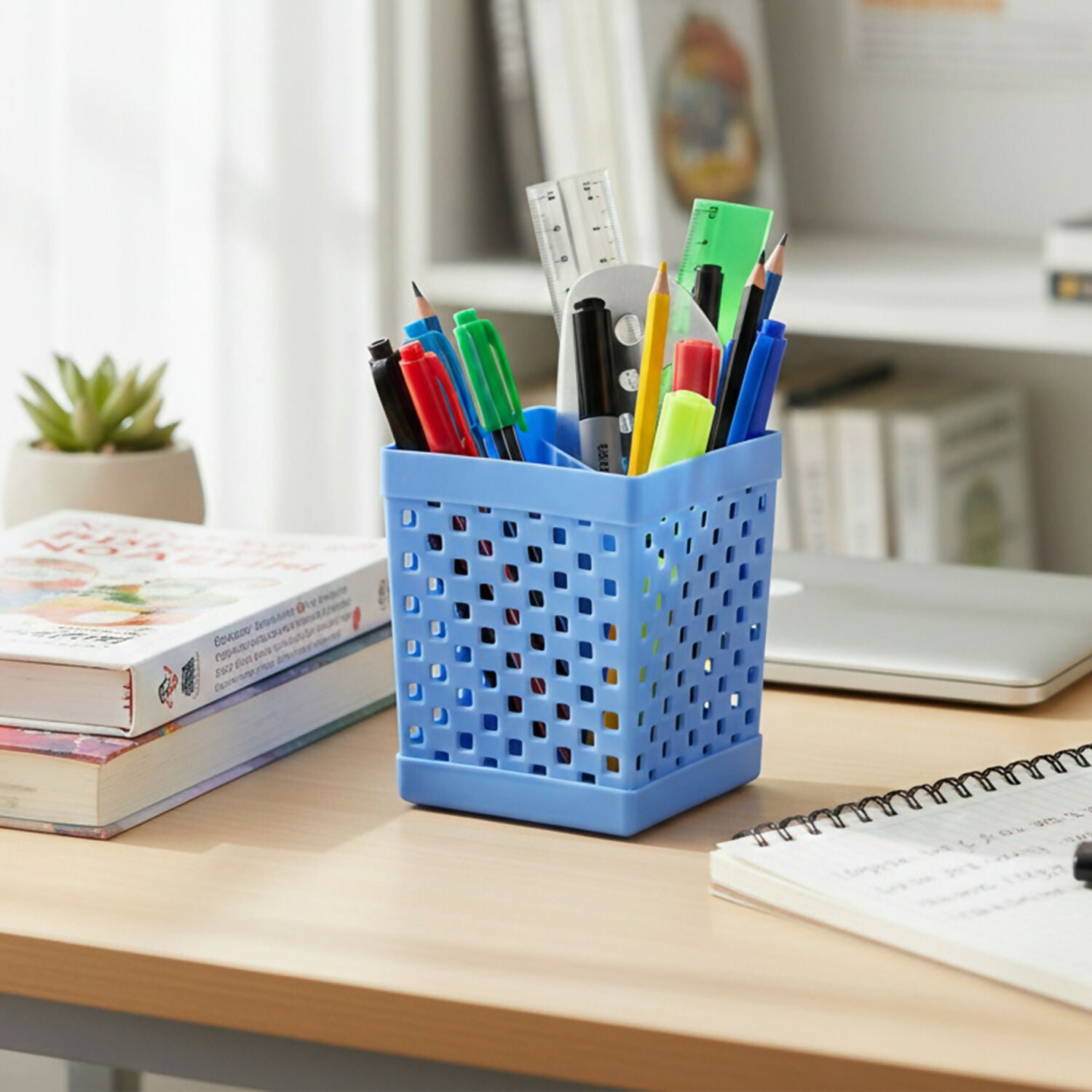 Square Pen Stand for Desk Organization with Open Design for Pens, Pencils and Stationery Use