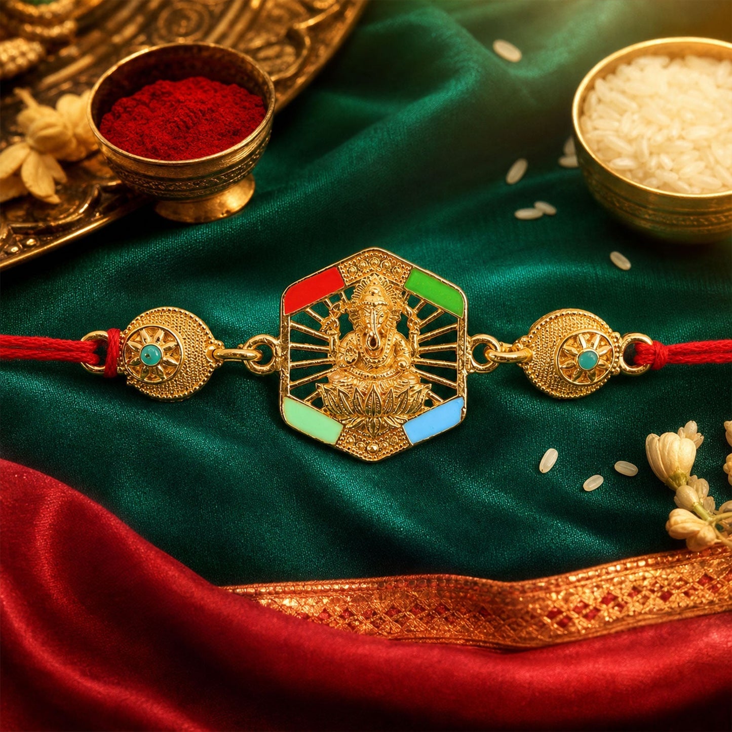 Gold-Toned Lord Ganesha Rakhi with Colorful Enamel for Raksha Bandhan (10pcs)