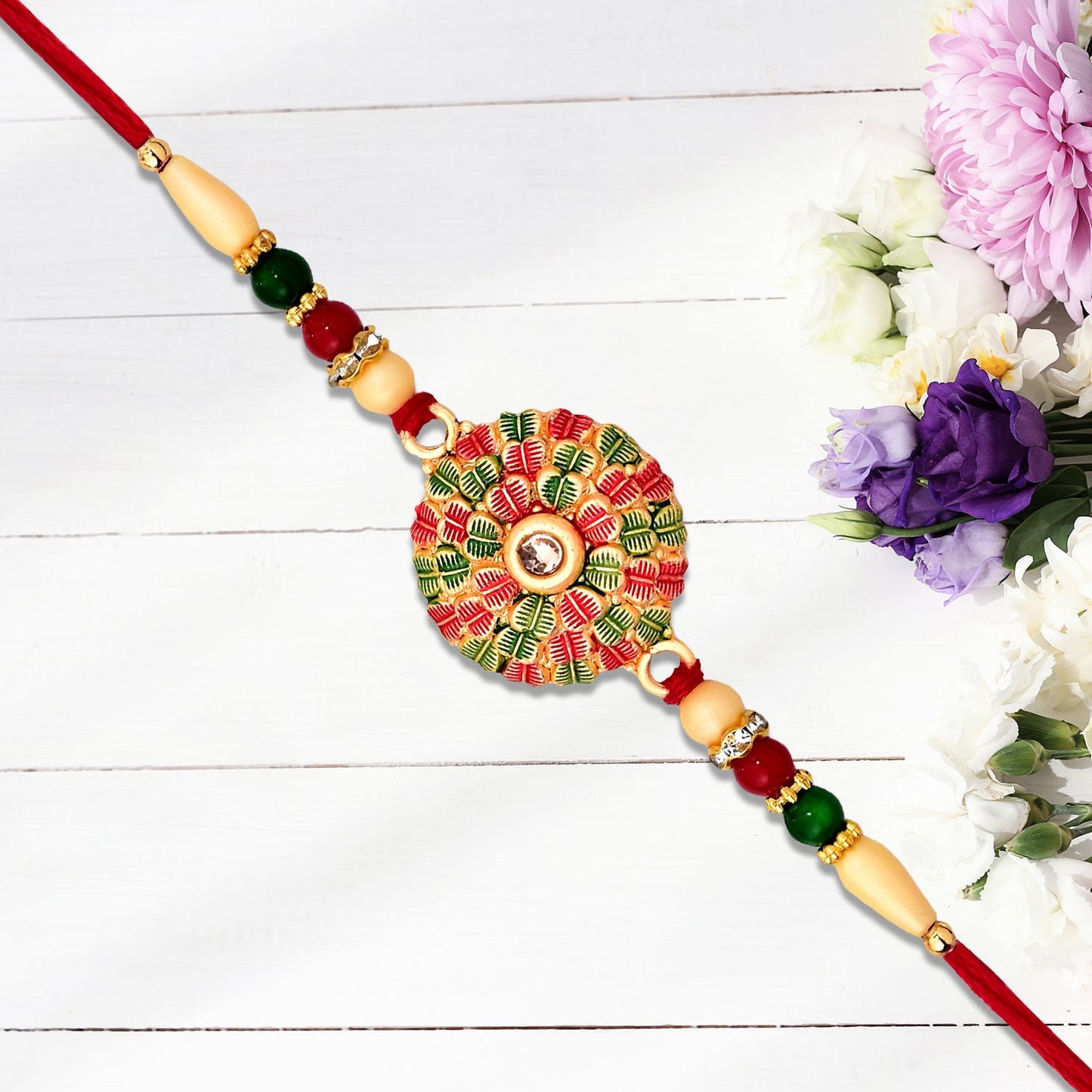 Kundan Rakhi Traditional Rudraksha Design for Brother (5pcs)