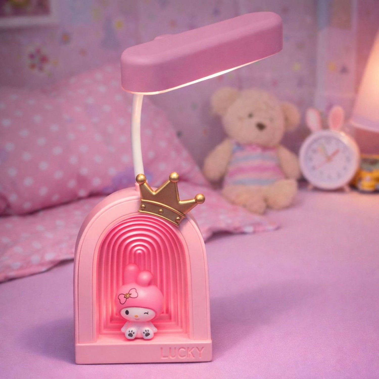 Cute Pink Lucky Cartoon LED Desk Lamp for Kids with Adjustable Neck Light