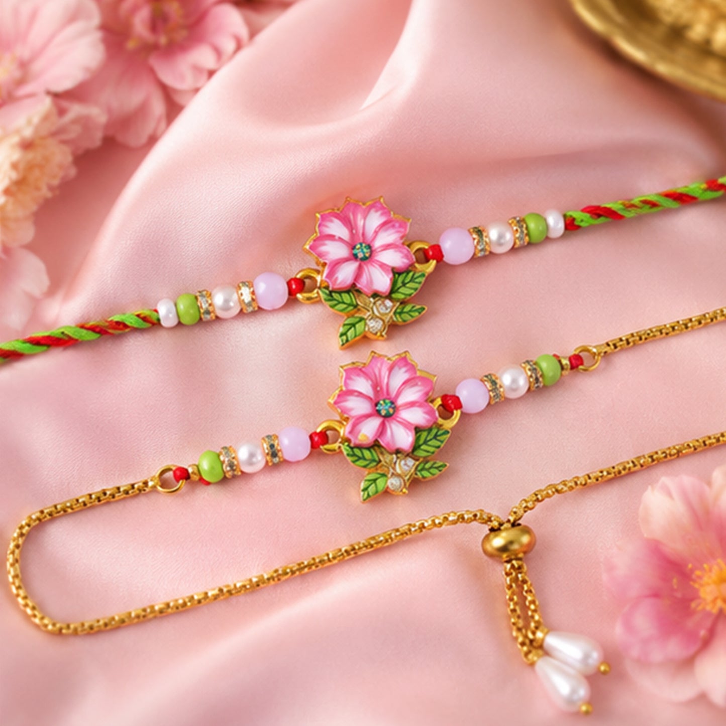 Lotus Floral Beaded Bhai Bhabhi Lumba Rakhi with Pearl Drop Pair