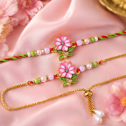 Lotus Floral Beaded Bhai Bhabhi Lumba Rakhi with Pearl Drop Pair