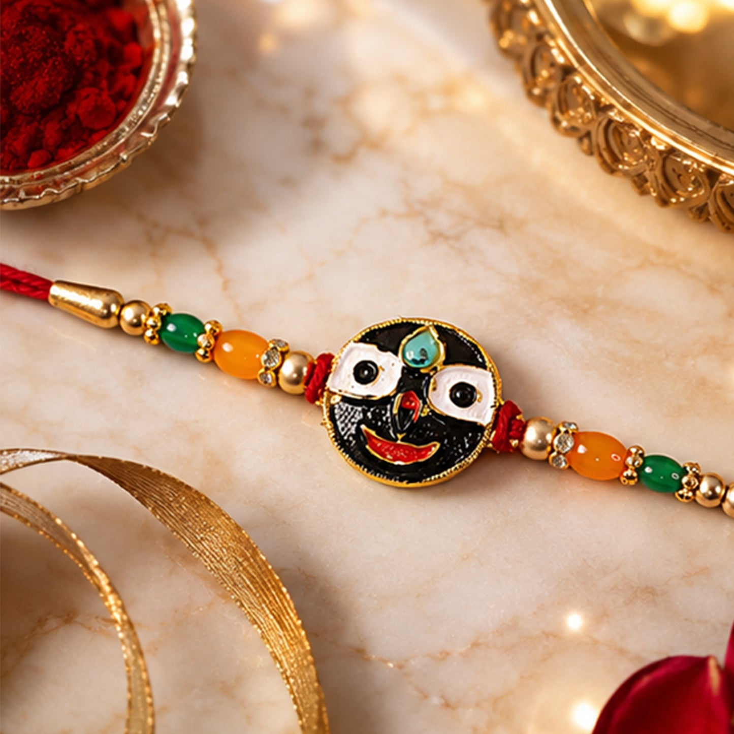 Lord Jagannath Enamel Pendant Rakhi with Multicolor Beads
