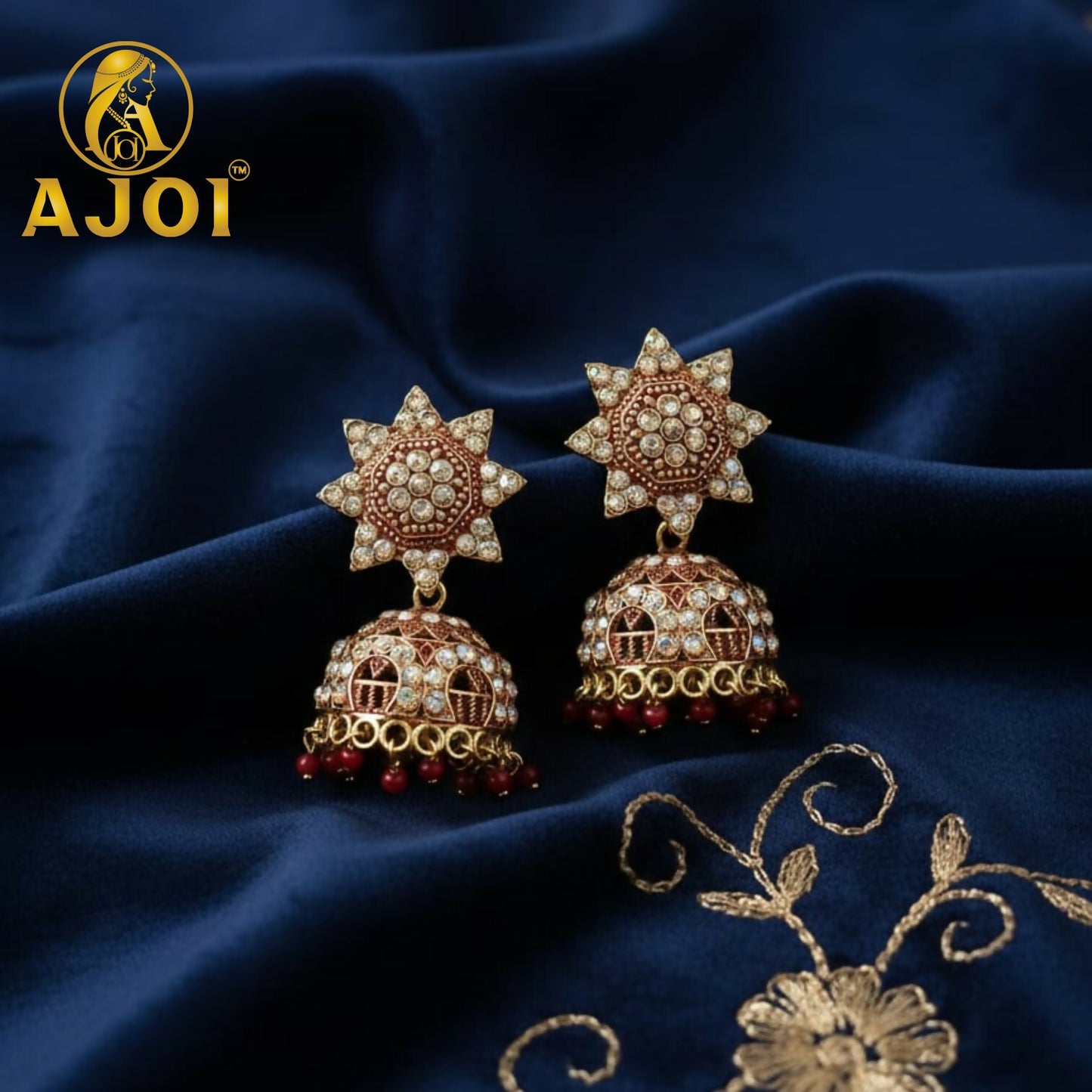 Traditional Gold Plated Kundan Jhumka Earrings with Red Bead Drops