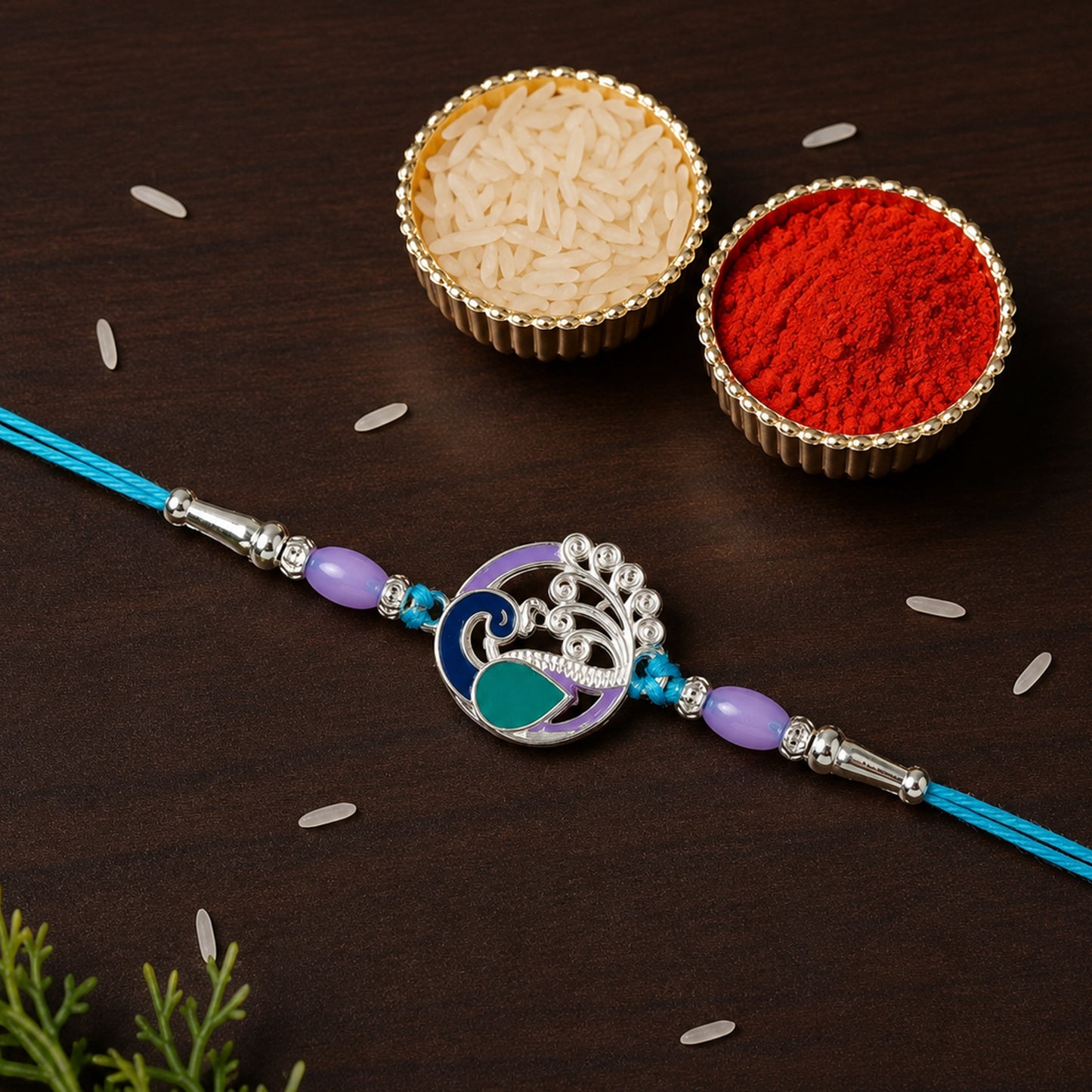 Designer Peacock Motif Rakhi with beads and soft thread