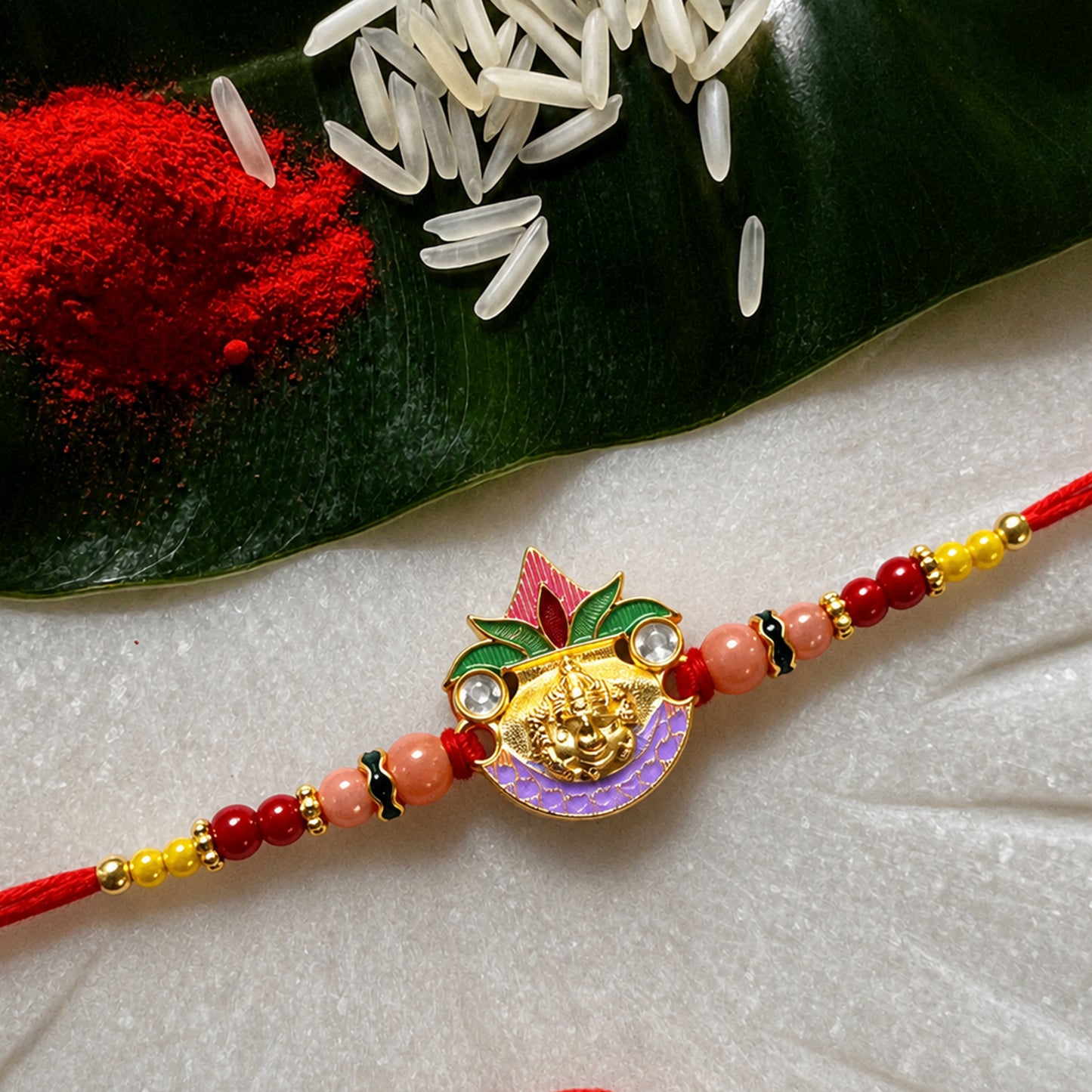 Ganesh Rakhi with Colorful Beads close-up
