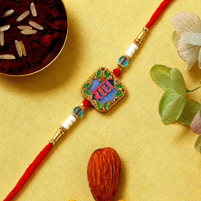 Rakhi with Radhe engraved centerpiece and colorful beads