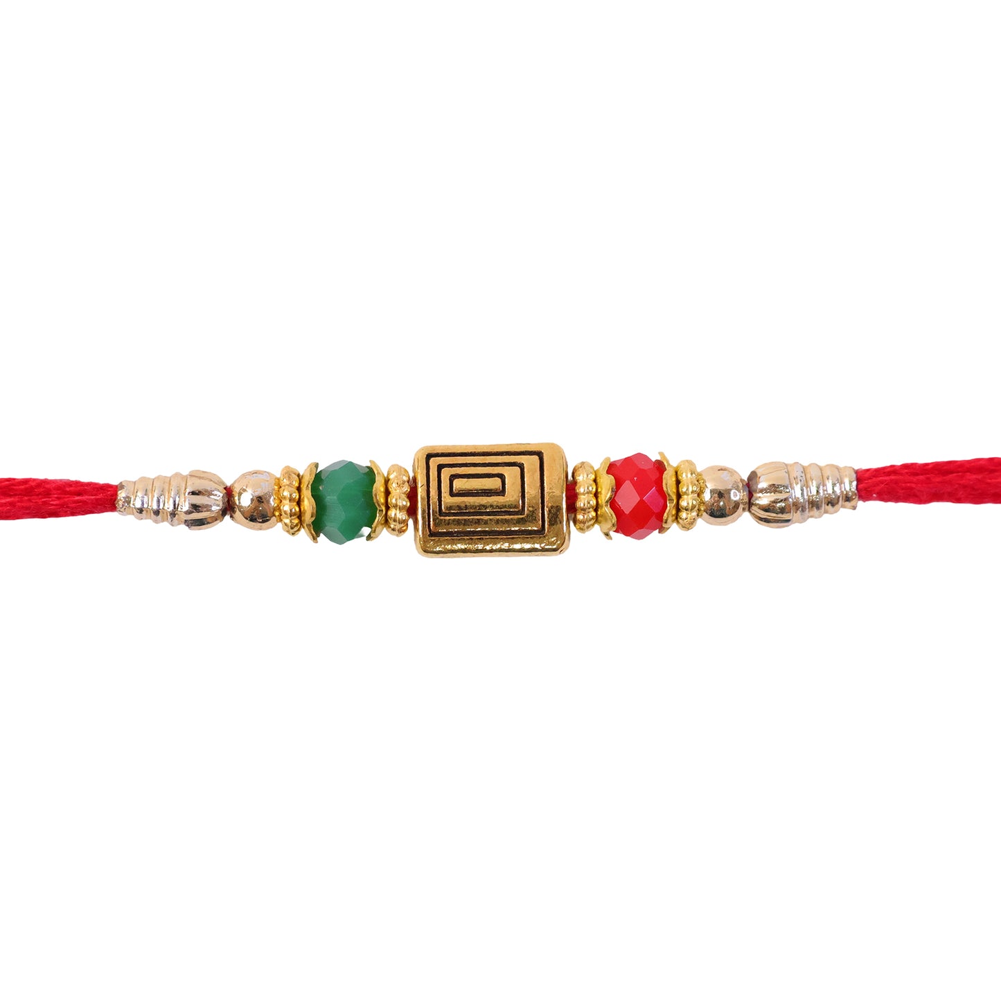Red Thread Rakhi with Carved Golden Rectangular Charm Pendant
