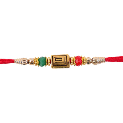 Red Thread Rakhi with Carved Golden Rectangular Charm Pendant