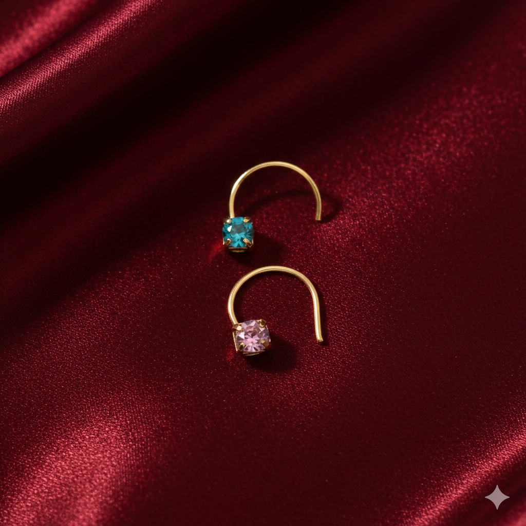 Crystal nosepin studs with gold plated mount in pink and teal colors