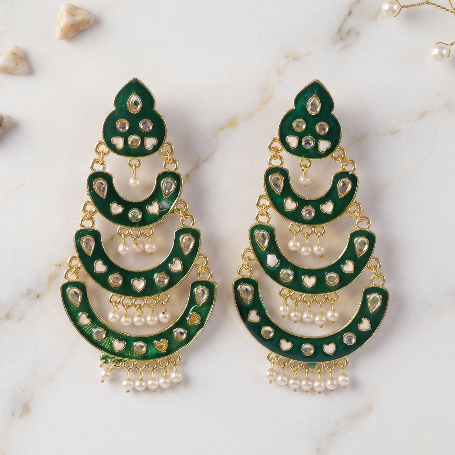 Green Layered Chandbali Earrings with Pearls for Women