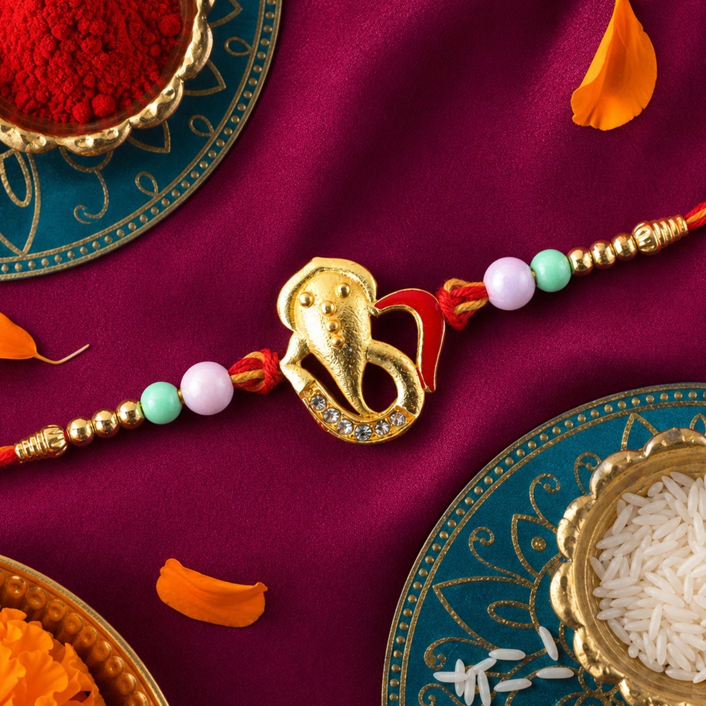 Ganesh Motif Designer Rakhi with Beaded Traditional Finish Work (10pcs)