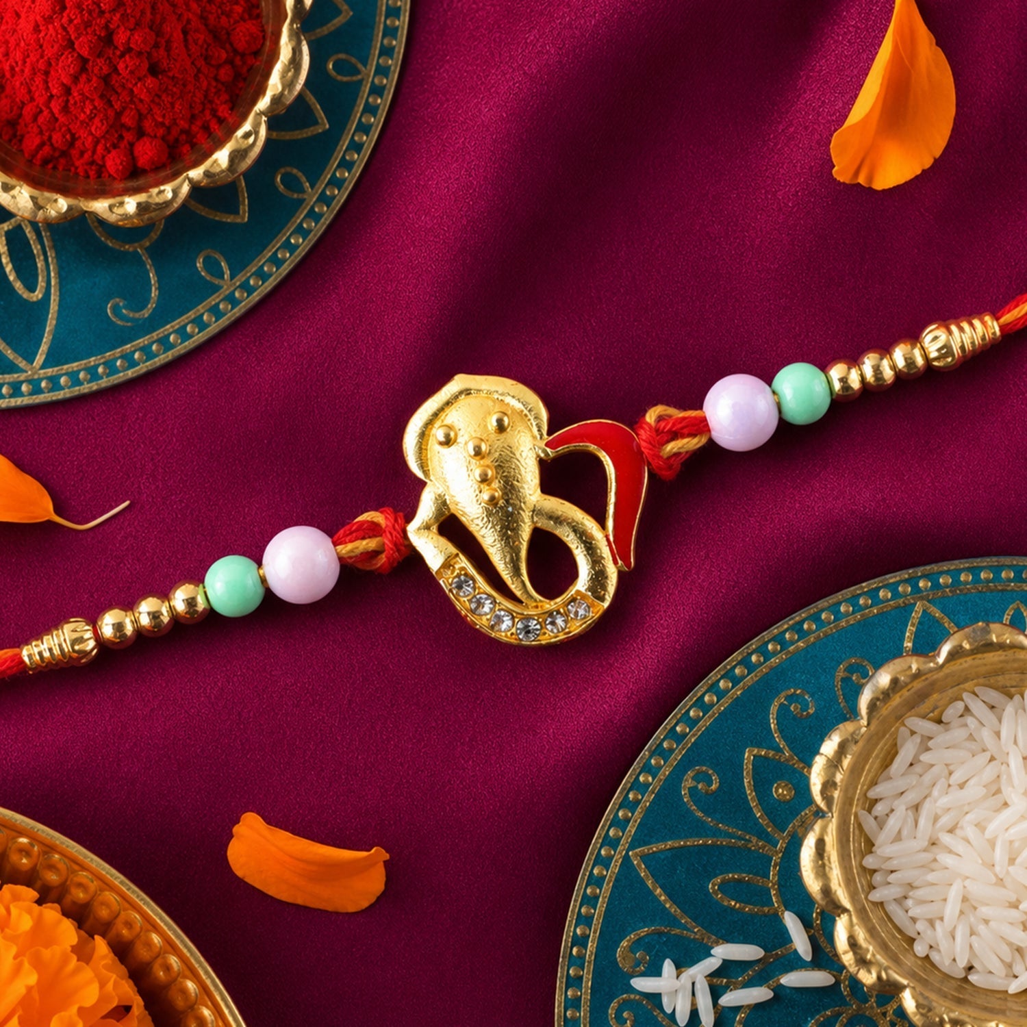 Ganesh Motif Designer Rakhi with Beaded Traditional Finish Work (10pcs)