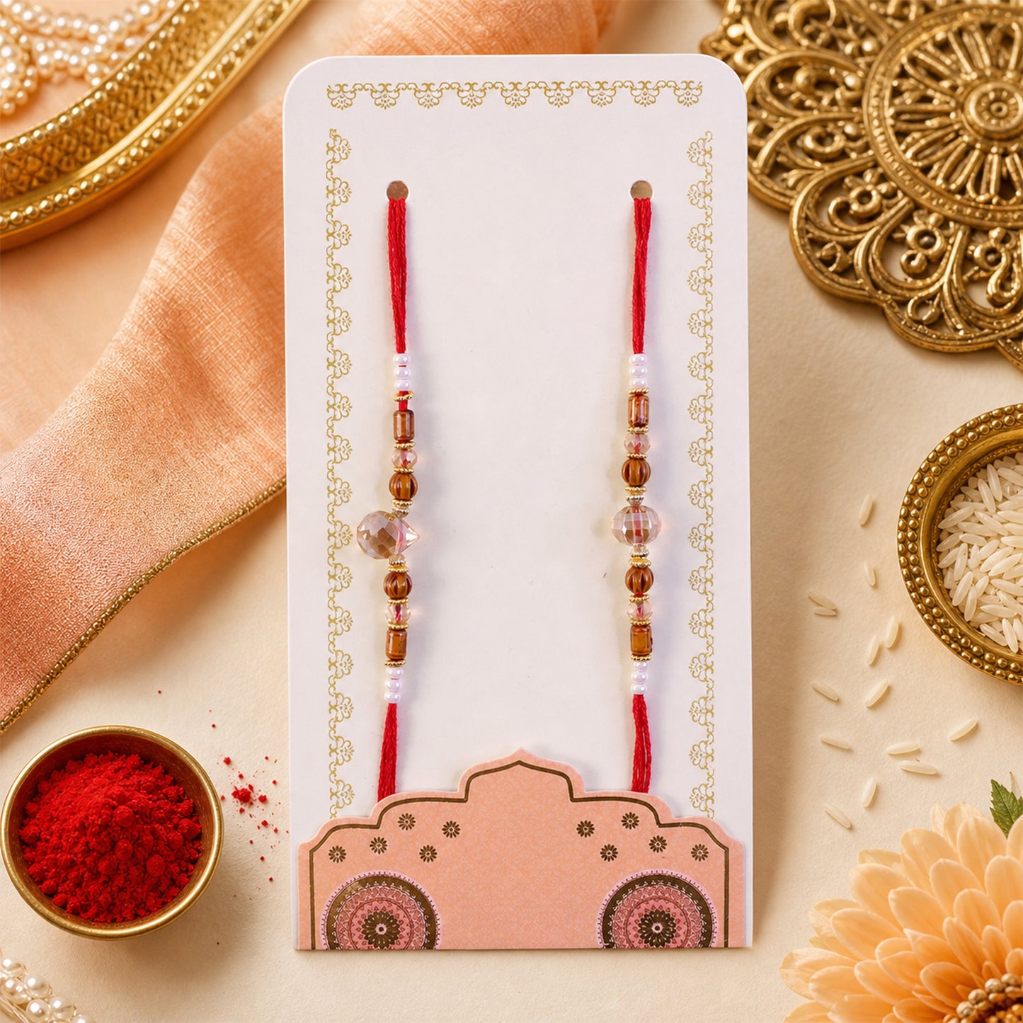 Couple Rakhi Set with Amber Wooden Beads and Faceted Crystal Drops for Bhaiya Bhabhi