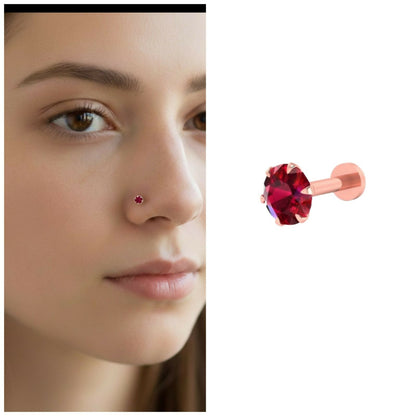 Rose gold plated ruby red nosepin stud with round cubic zirconia