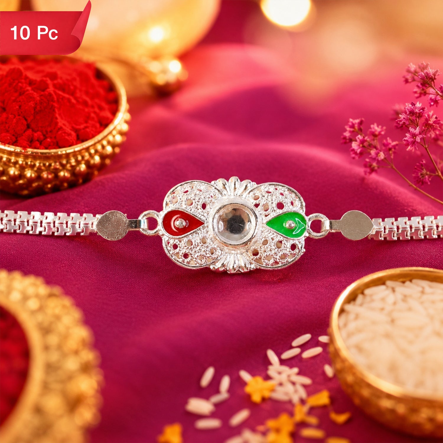 Silver Rakhi Enamel Mirror Stone Design for Brother (10pcs)