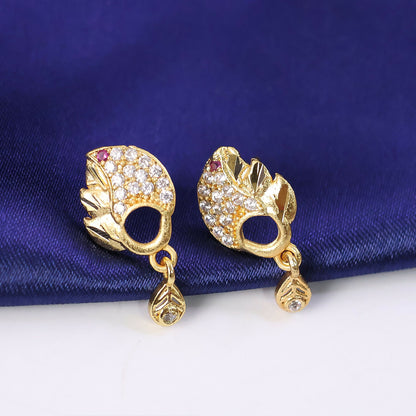 Elegant Gold Finish Leaf Pattern Stud Earrings With Sparkling Stone Drop Design