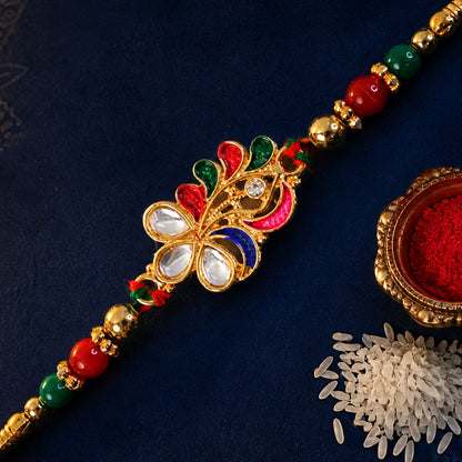 Multicolor Floral Kundan Pendant Rakhi with Green Beads