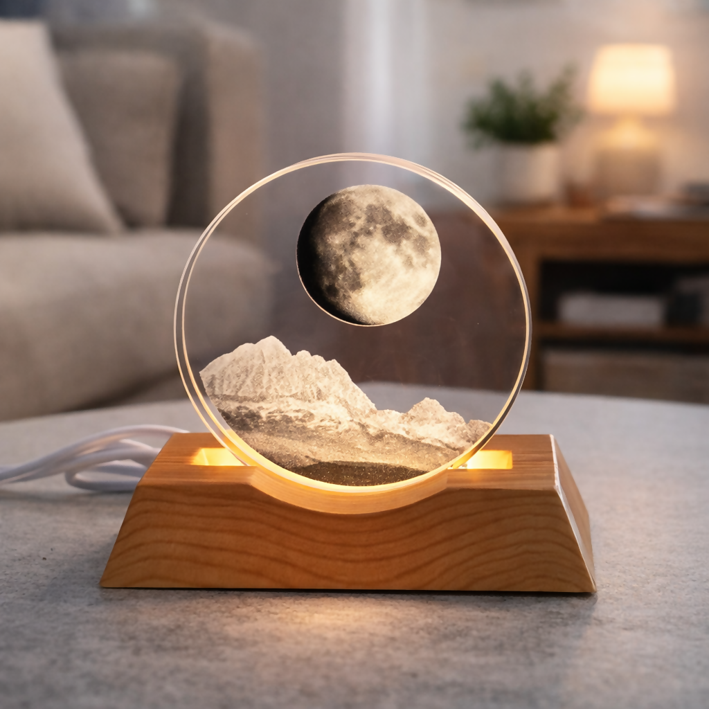 Crystal Moon LED Night Lamp with Wooden Base for Bedroom & Home Décor