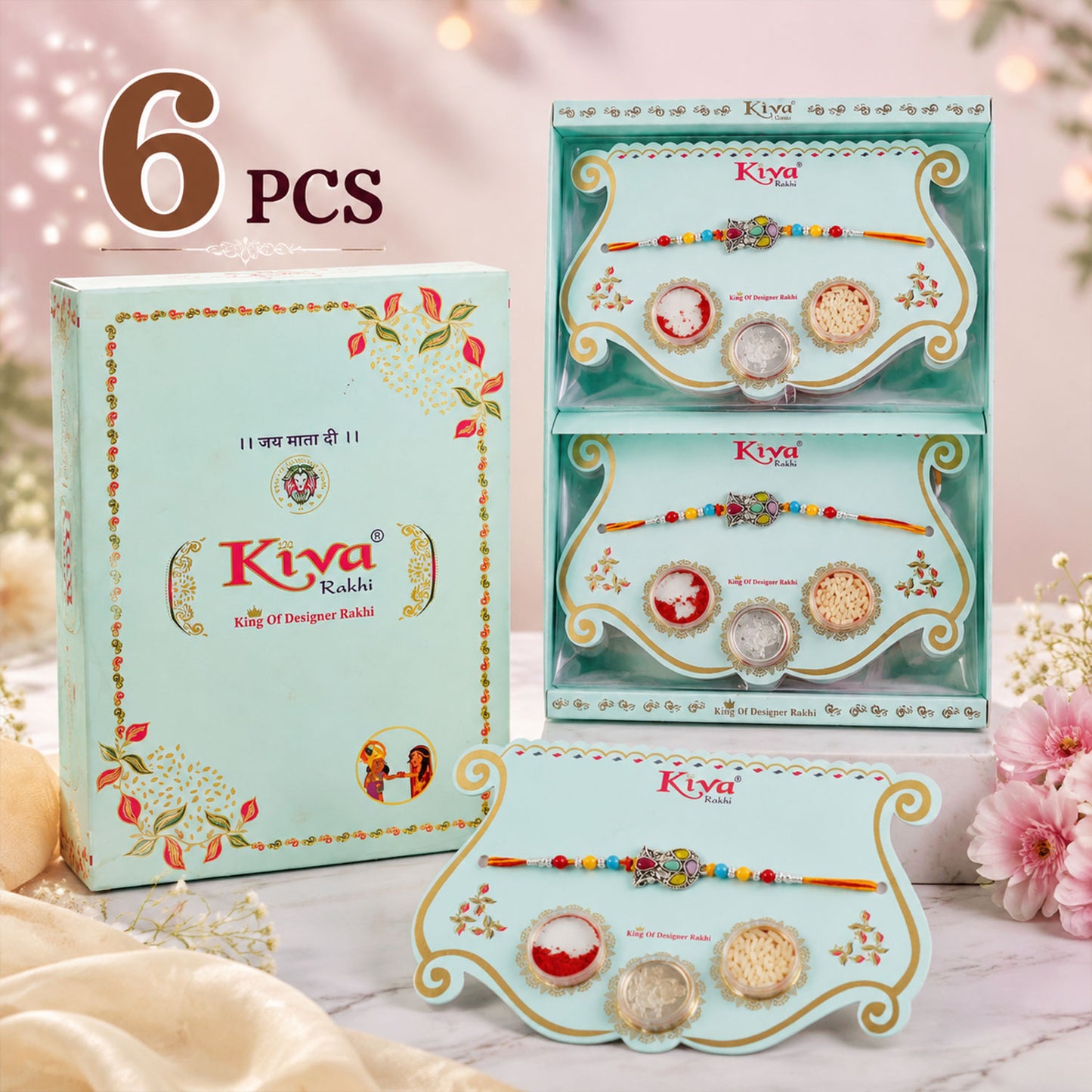 Multicolor Teardrop Leaf Rakhi with Orange Thread, Roli Chawal Coin and Gift Box Packing