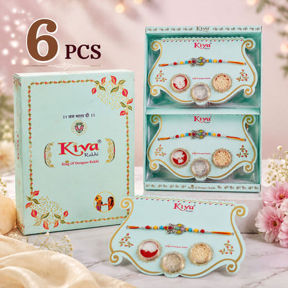 Multicolor Teardrop Leaf Rakhi with Orange Thread, Roli Chawal Coin and Gift Box Packing