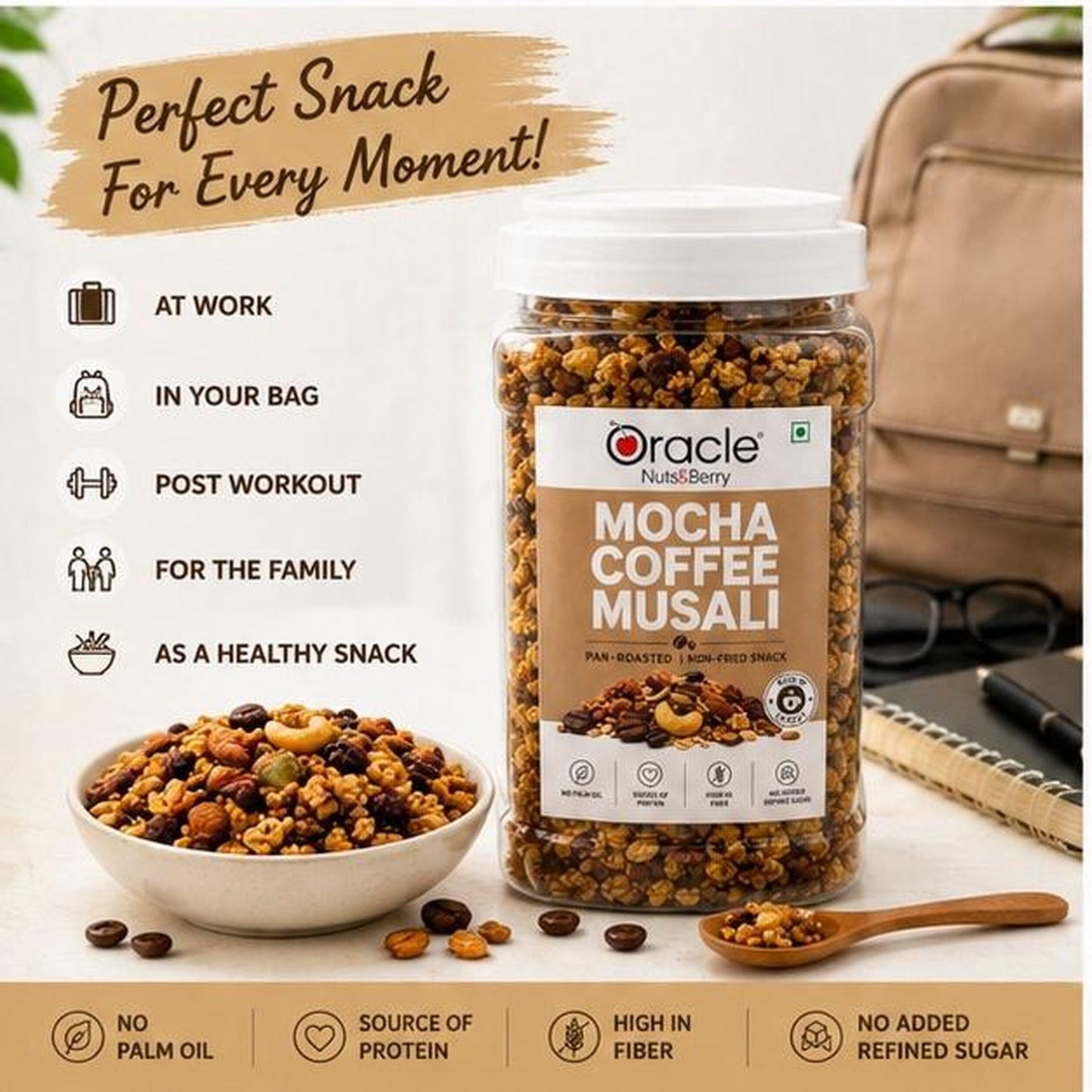 Healthy breakfast featuring Oracle Mocha Coffee Muesli with nuts and flakes.