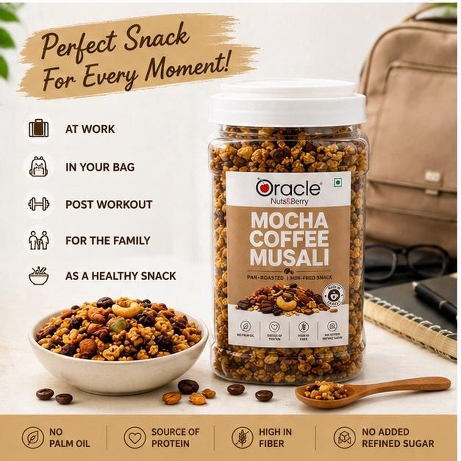 Healthy breakfast featuring Oracle Mocha Coffee Muesli with nuts and flakes.