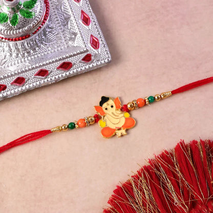 Bal Ganesha Rakhi Vibrant Orange-Green Beads & Red Thread (5pcs)