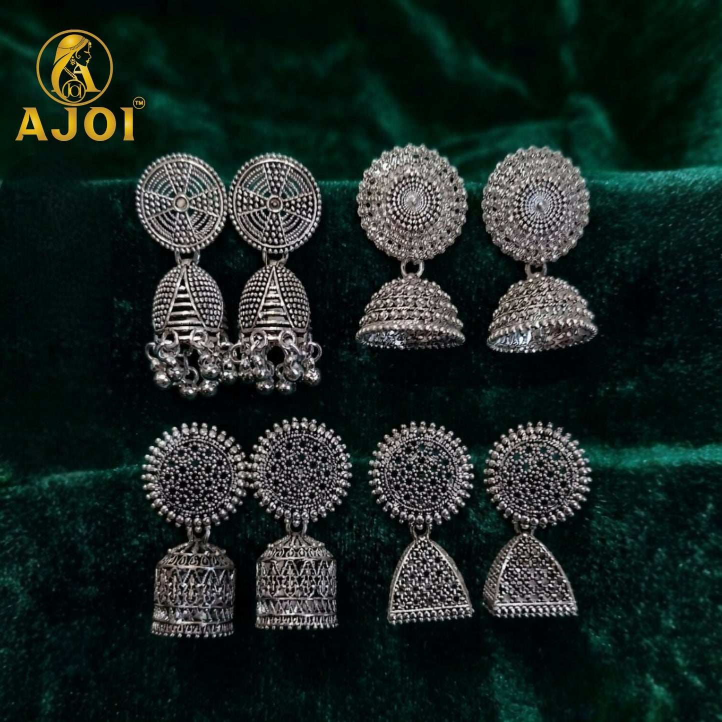 Traditional Oxidized Silver Jhumka Earrings Set of 4