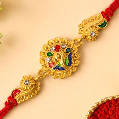 Graceful Rakhi with Floral Medallion, pink green stones and bead line for Gift Use