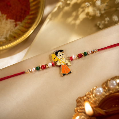Cute Boy Cartoon Rakhi with Green Red Beads and Kids Fun Look