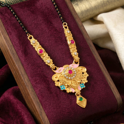 Antique Finish Meenakari Floral Fan Pendant Short Single Strand Mangalsutra