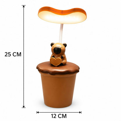 A brown koala desk lamp with a heart is shown with dimensions: 25 cm tall and 12 cm wide.